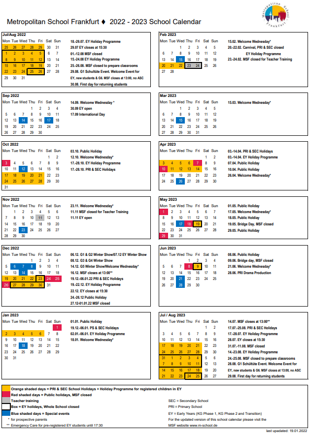 School Calendars Metropolitan School Frankfurt